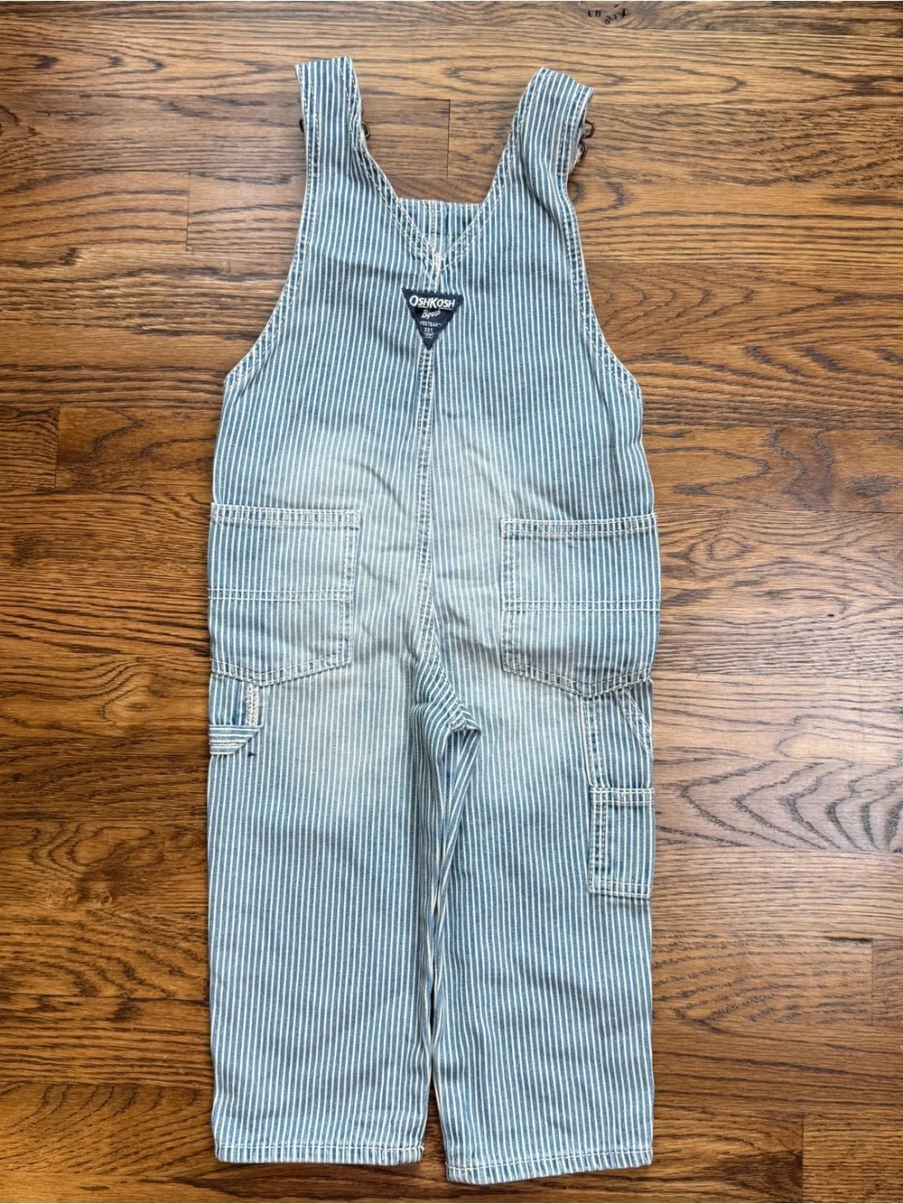 OshKosh B'gosh Kids Light Blue White Pinstripe Train Conductor Overalls Size 2T